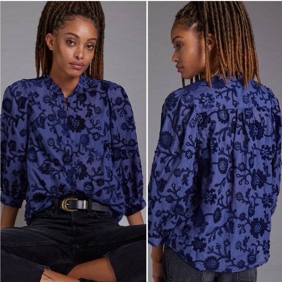 Anthropologie Tops - Anthropologie Pilcro Blue Velvet Floral Applique Button Up Extra Small